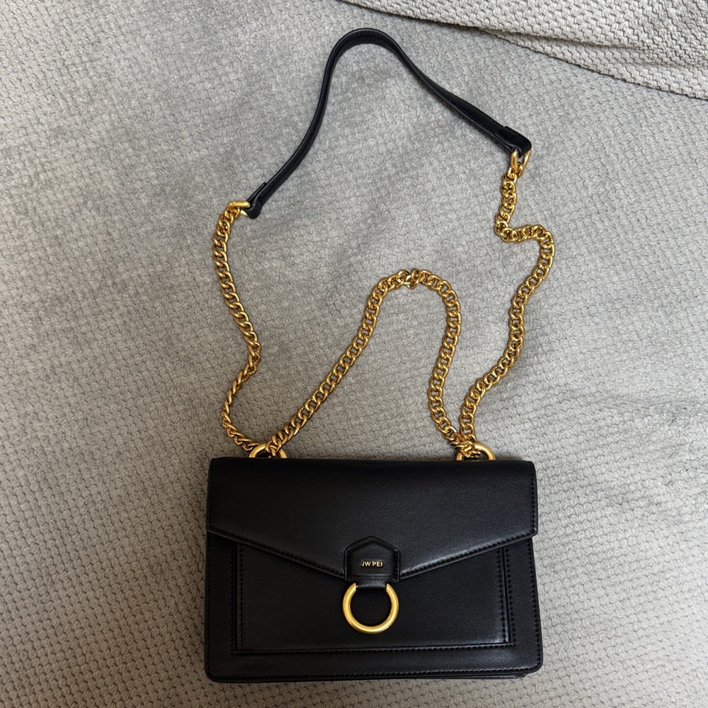 Black Leather Shoulder Bag with Gold Chain